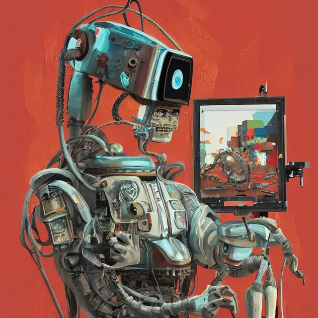 Image similar to robot artist painting a self - portrait on a canvas. intricate, highly detailed, digital matte painting, in the style of alexandros pyromallis, and in the style of sachin teng, and in the style of hans thoma, and in the style of mort kunstler. irony, recursion, inspiration.