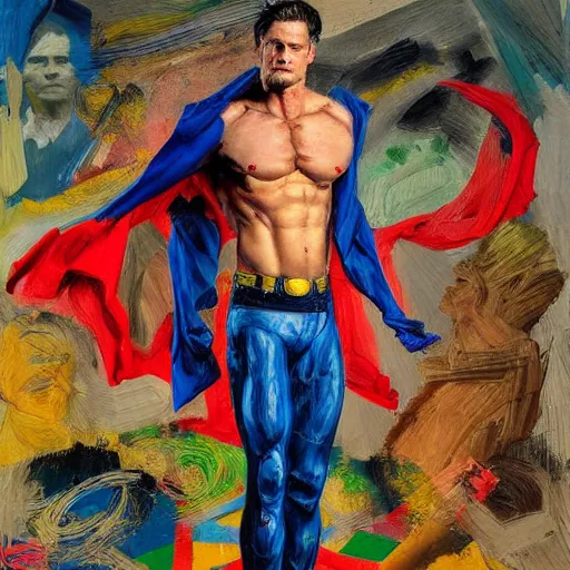 Image similar to ripped physique Portrait Donald trumpwearing a superman costume lucian freud odd nerdrum john hoyland greg rutkowski chris cold andrew wyeth niel welliver peter doig robert rauschenberg mark ryden