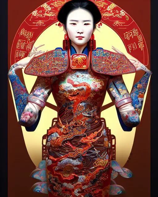 Image similar to portrait of a chinese cyberpunk machine, machine face, arms, upper half portrait, decorated with chinese opera motifs, regal, asian, fine china, wuxia, traditional chinese art intricate intense elegant 京 剧 highly detailed digital painting artstation concept art smooth sharp focus illustration, art by artgerm and greg rutkowski alphonse mucha 8 k