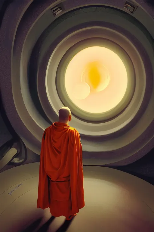 Image similar to portrait of a monk in a spaceship, round window, exploding star, orange robe, dramatic lighting, artstation, matte painting, ralph mcquarrie