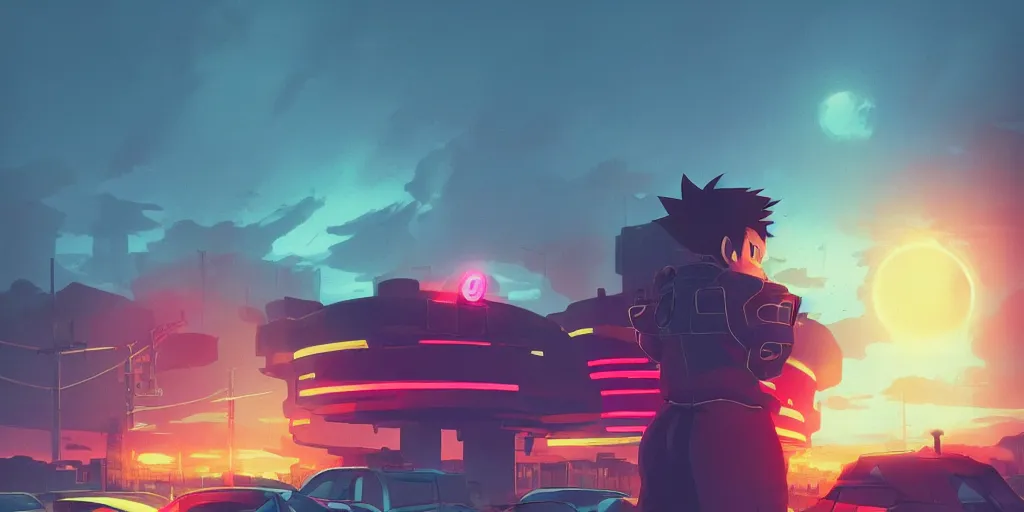 Image similar to Shadow the Hedgehog, Portrait, Very Cloudy Sky, Sun, Neon Lights, Subject in Middle, Subject in center, Rule of Thirds, Retrofuturism, Studio Ghibli, Simon Stålenhag