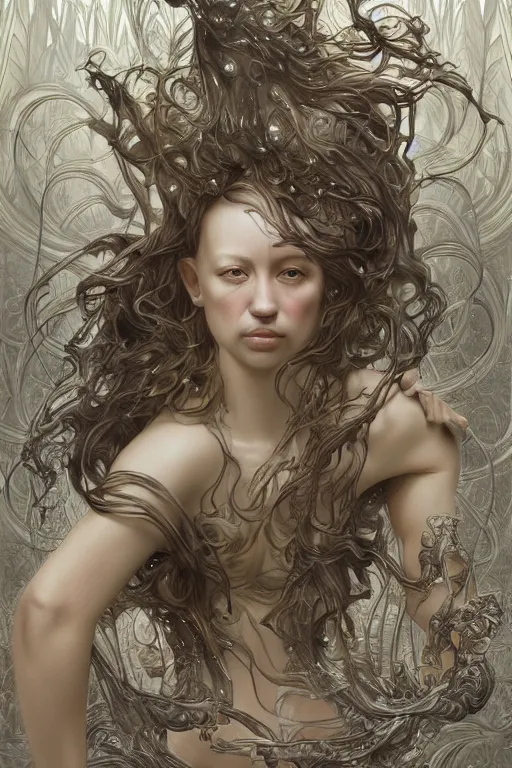 Prompt: low debased embarrassing defiled undertow by iris van herpen, artgerm, raymond swanland and alphonse mucha. highly detailed, hyper real, beautiful