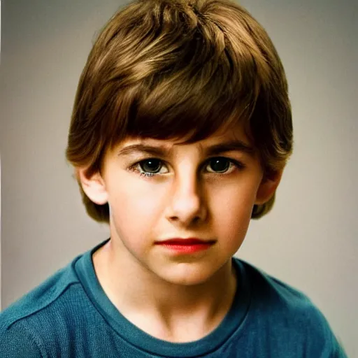 Prompt: a portrait photo of 10 year old tom cruise, with a sad expression, looking forward