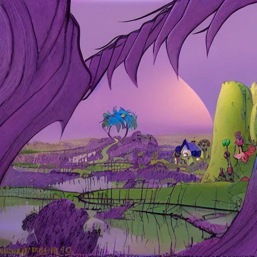 Prompt: The Purple People Eater :: extremely detailed landscape, Pixar, concept art by Don Bluth :: a masterpiece by Alan Davis ::