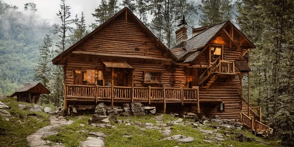 Image similar to stunning rustic cabin exterior in appalachian hills by andreas franke