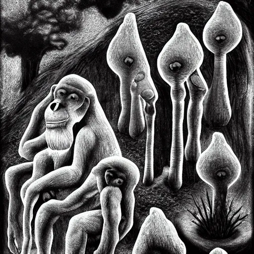 Image similar to stoned ape theory, psilocybin mushrooms, abstract, evolution