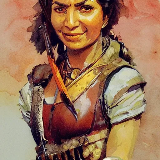 Prompt: a medieval hunter woman with indian ethnicity, cheeky smile, umber color scheme, fantasy character portrait by John Berkey