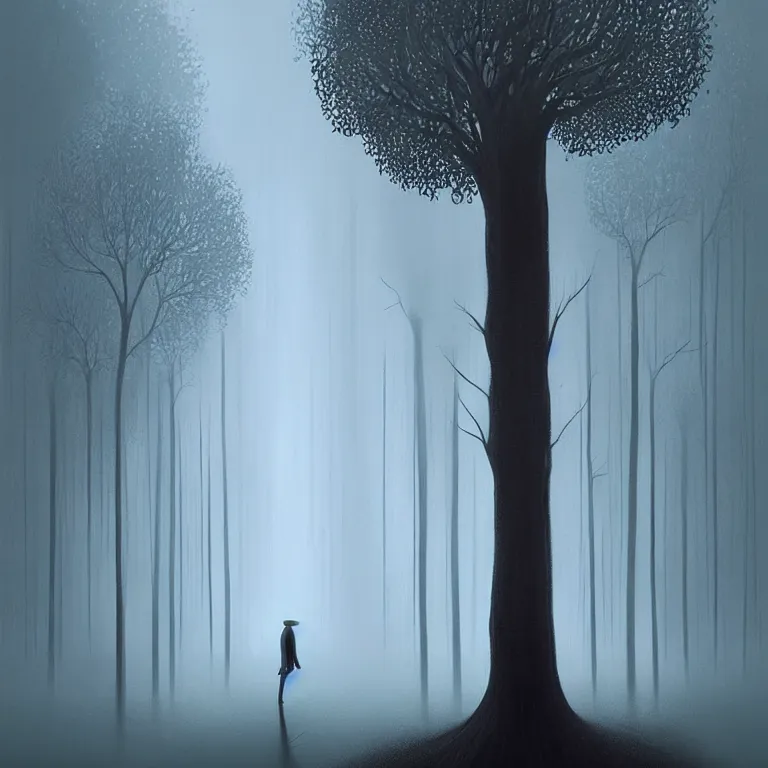 Image similar to Gediminas Pranckevicius painting of a person standing in the rain surrounded by trees, a digital rendering by Eyvind Earle, deviantart, digital art, matte drawing, deviantart, soft mist