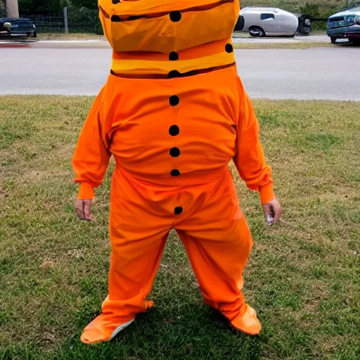 Prompt: inmate with orange suit and using a bee head