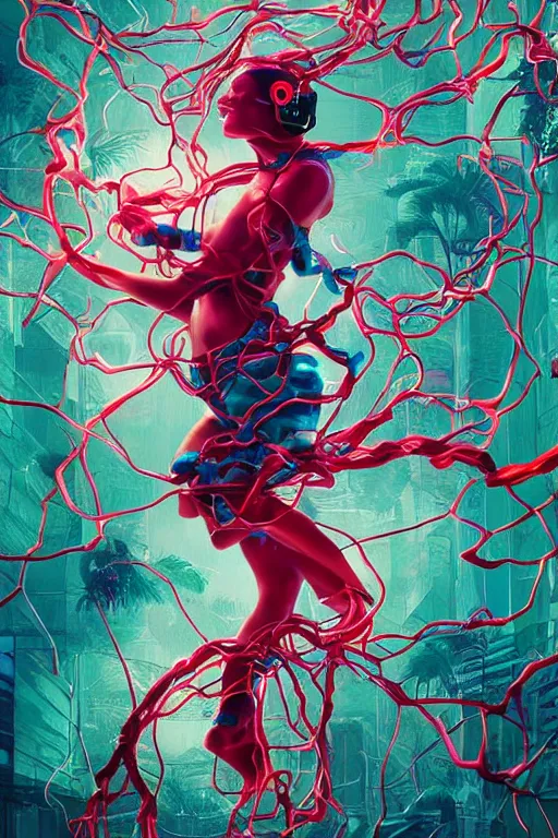 Prompt: epic 3 d abstract 🇵🇷 headset hacker, spinning hands and feet, 1 6 mm, plum and teal peanut butter melting smoothly into asymmetrical ficus trees and shrubs, thick wires looping, waveforms, kinetic, floating monitors, houdini sidefx, trending on artstation, by jeremy mann, ilya kuvshinov, jamie hewlett and ayami kojima