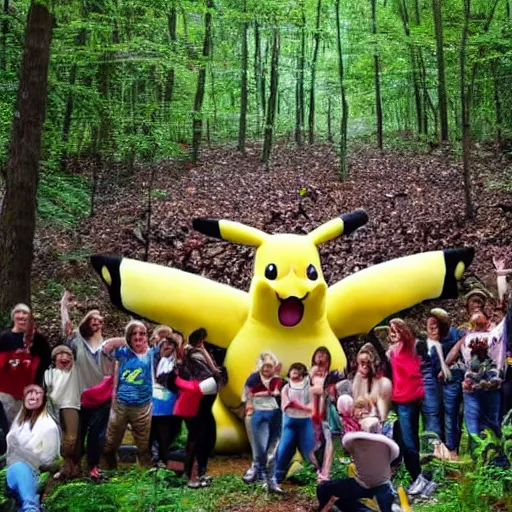 Image similar to photograph of a group of people worshipping a giant pikachu in a forest
