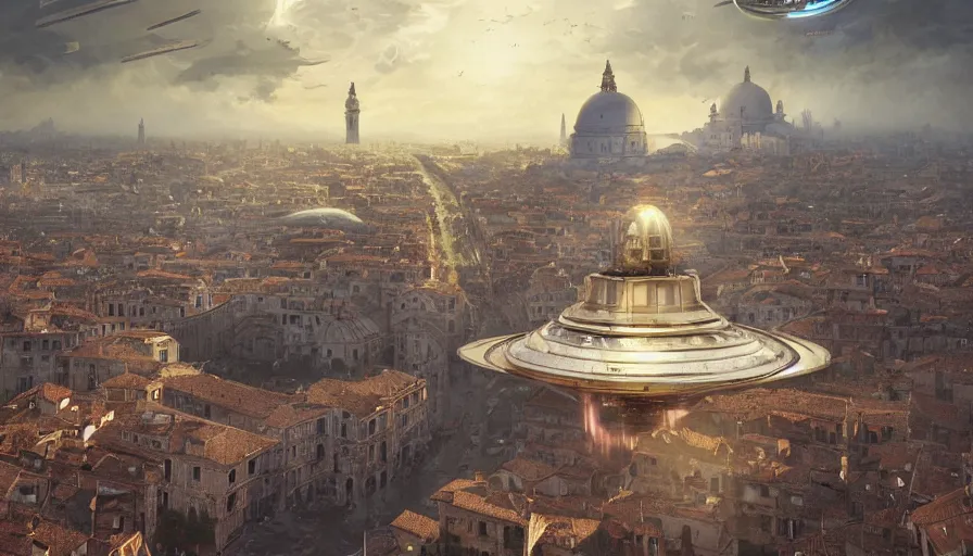 Image similar to a giant alien ufo high tech spaceship eerily hovering on italy venice city landscape with beautiful temples by greg rutkowski, artgerm, ross tran, magali villeneuve, intricate, time travel theme, audince in awe, spectacle, audience sorrounding, award winning, octane render, masterpiece, 8 k, beautiful