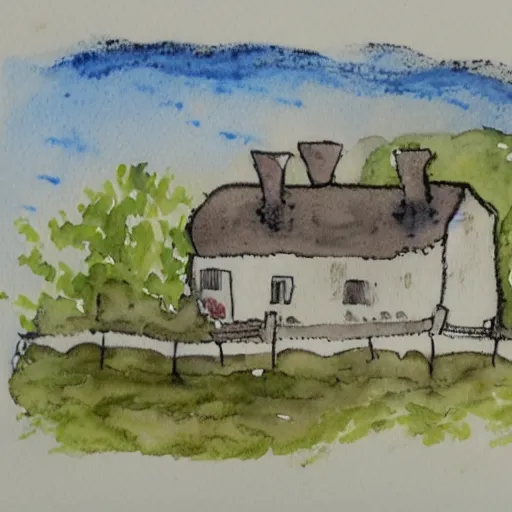 Prompt: a watercolor and ink painting of a cottage, drawn on white parchment paper