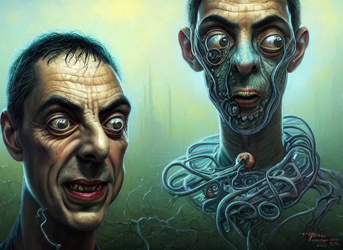 Image similar to lovecraft biopunk portrait of mr bean, fractal background, by tomasz alen kopera and peter mohrbacher