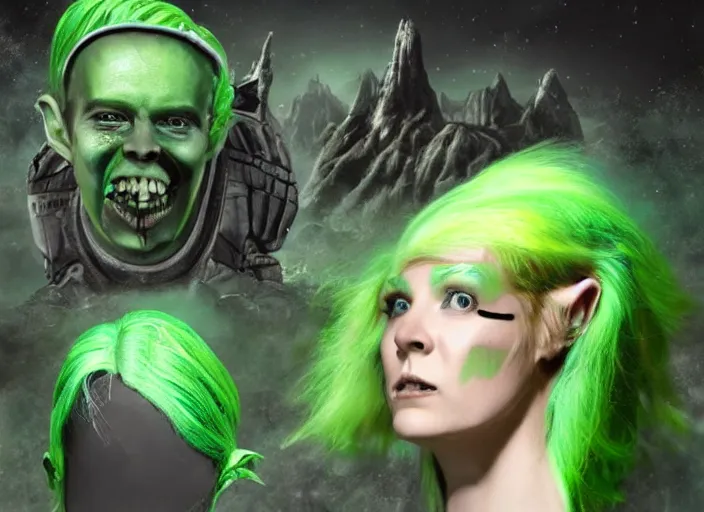 Prompt: beautiful aliens faces with green hair, 8 k, matte painting, in the style of artist, ann stokes