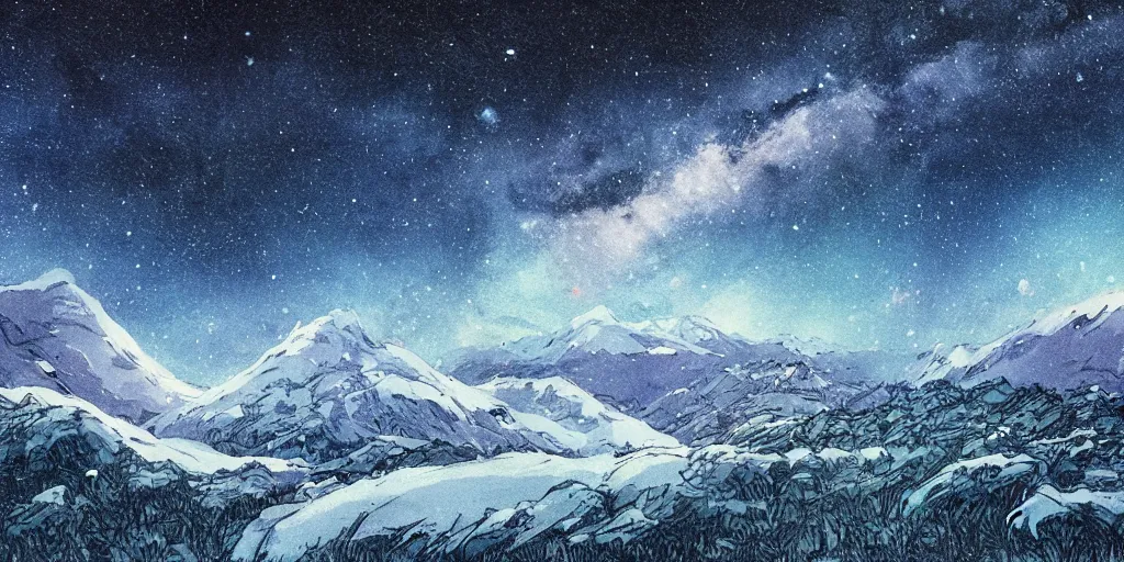 Image similar to stunning cold mountain landscape with sky and the milky way by posuka demizu