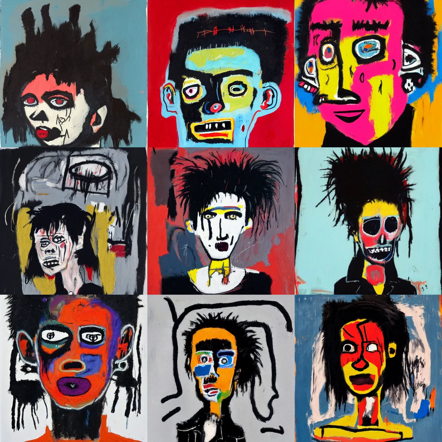 Prompt: A goth portrait painted by Jean-Michel Basquiat. Her hair is dark brown and cut into a short, messy pixie cut. She has a slightly rounded face, with a pointed chin, large entirely-black eyes, and a small nose. She is wearing a black tank top, a black leather jacket, a black knee-length skirt, a black choker, and black leather boots.