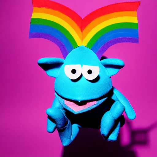 Prompt: studio photograph of a flying pig with wings depicted as a muppet in a blue sky with cotton ball clouds and rainbows