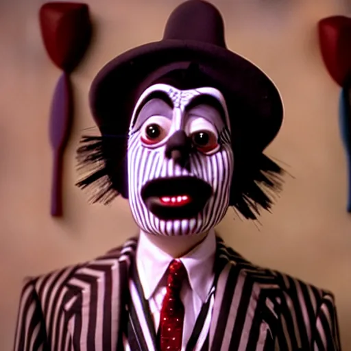 Image similar to mr. bean as beetlejuice. movie still. cinematic lighting.