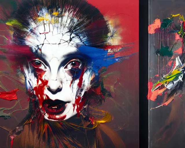 Image similar to portrait, of a form of madness, elegant, a brutalist designed, rich deep vivid colours, brush strokes!, painted by francis bacon, michal mraz, adrian ghenie, nicola samori, james jean!!! and petra cortright, part by gerhard richter, part by takato yamamoto. 8 k masterpiece.