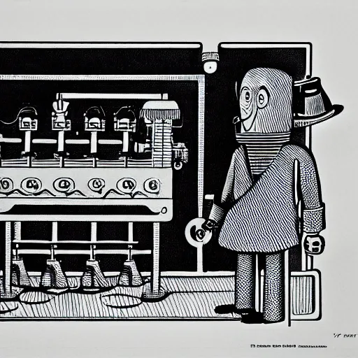 Prompt: etching of an anthropomorphic factory machine in the style of boris artzybasheff