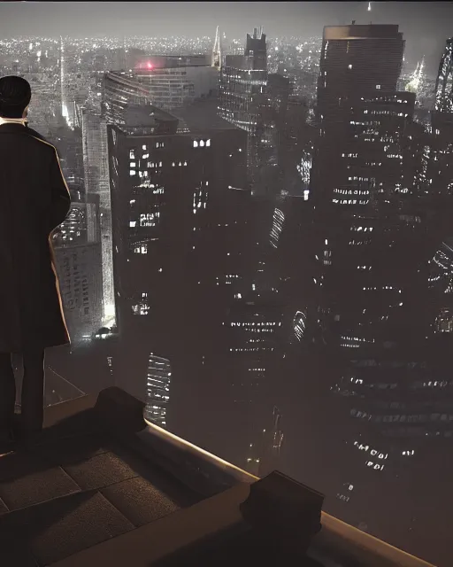 Prompt: extremely detailed night rooftop scene, close up shot of a photorealistic gangster wearing a trench coat looking at the city below, unreal engine, hyper realism, realistic shading, cinematic composition