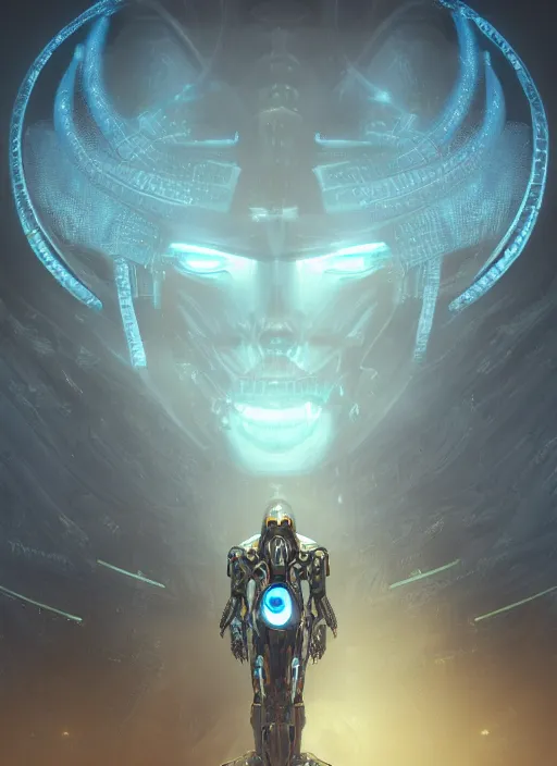 Image similar to benevolent cyborg necromancer, scifi, futuristic, helpful, kind, intelligent, alien room background, white, blue, gold, highly detailed, trending on artstation, soft light, holy machine, advanced technology, art by vitaly bulgarov and nivanh chanthara