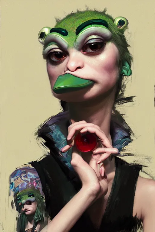 Image similar to portrait of a punk girl on a date with pepe! the frog! drinking coffee in the style of fenghua zhong and ruan jia and jeremy lipking and peter mohrbacher, extremely detailed digital painting, 8 k