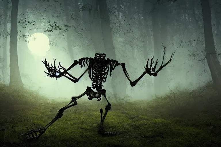 Image similar to a burning human skeleton sitting in foggy forest behind computer at moonlight night, overgrown with moss, dark atmosphere, scary dark fantasy, horror, highly detailed