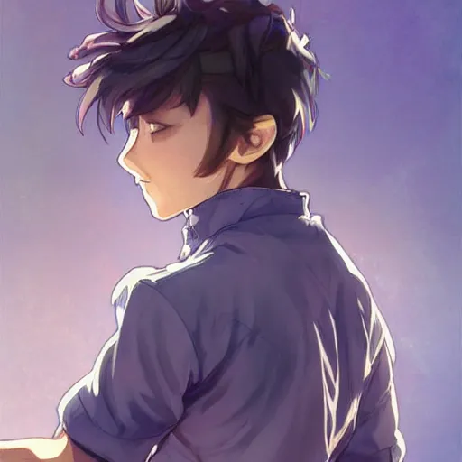 Image similar to small boy with back hair and blue purple eye, school uniform, anime style, hyper detailed, illustration, digital painting, art by artgerm and greg rutkowski and alphonse mucha, high delicate defined details, anime stylized, highly detailed