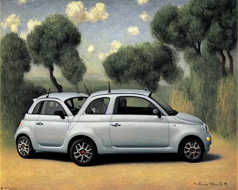 Image similar to achingly beautiful painting of a grey 2 0 1 3 fiat 5 0 0 abarth by rene magritte, monet, and turner.