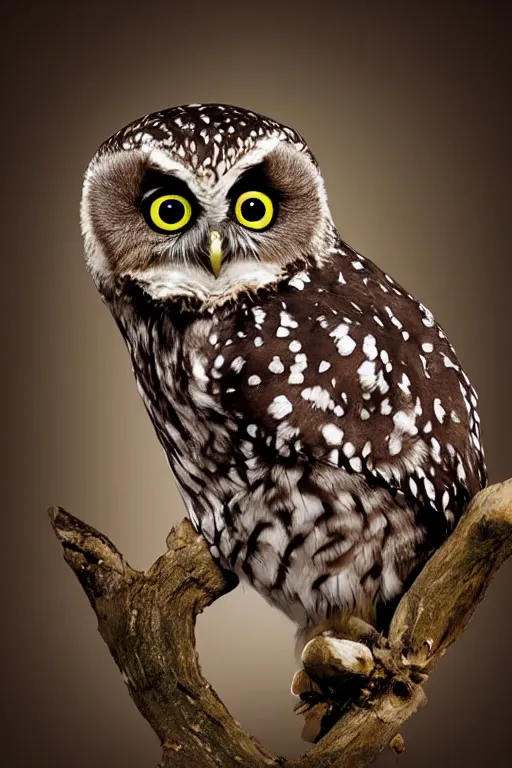 Prompt: cute little owl wearing black biker jacket, portrait photo, backlit, studio photo, muted color swirls background