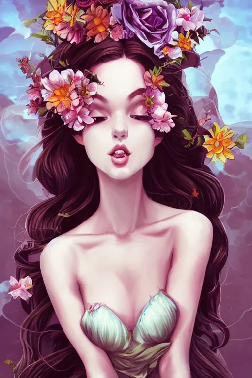 Image similar to Succubus in sundress portrait, by artgerm, WLOP and Ross Tran, blossoming geometric bubble explosion from below