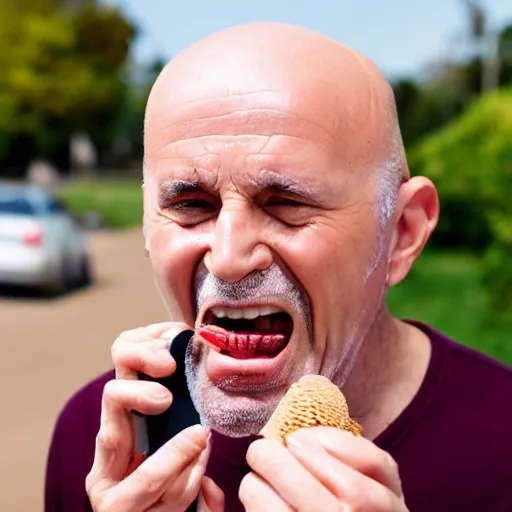 Prompt: old bald guy yelling on the phone and eating ice cream