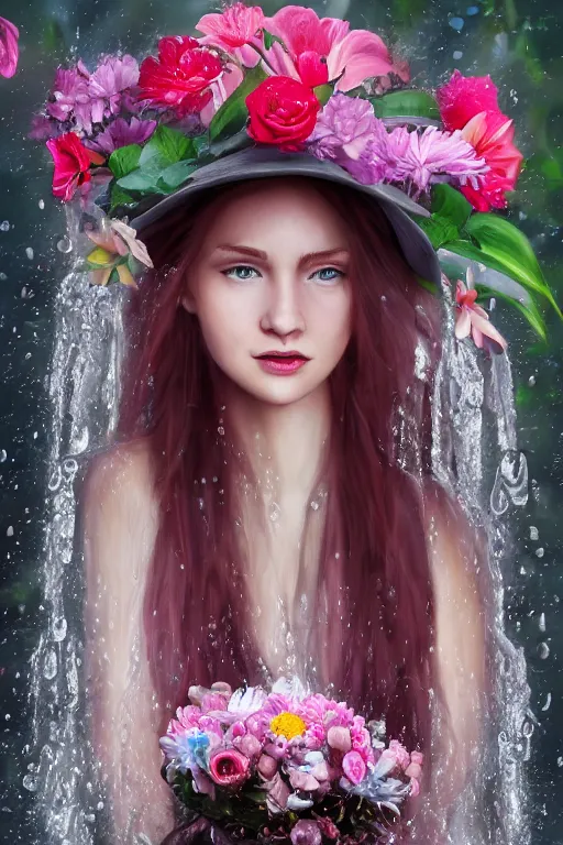 Image similar to oil painting, gray, pink, contrast, waterfall cave, redheaded girl wearing a hat of flowers and dress of fresh flowers, decorated with flowers, roses, lilies, chrysanthemums, irises, water drops, water jets, overhead light, high quality octane render 4 k, 8 k