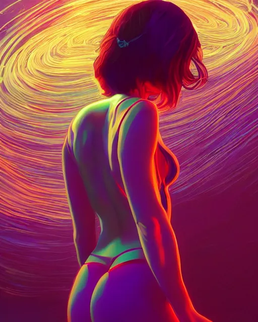 Image similar to lsd, glowing trails, full - body, a beautiful woman, dramatic lighting, by ilya kuvshinov, artgerm, wlop, lois van baarle, digital painting, ultra detailed colorful intricate repeating geometric fractals in the background by moebius, beeple, 4 k, artstation