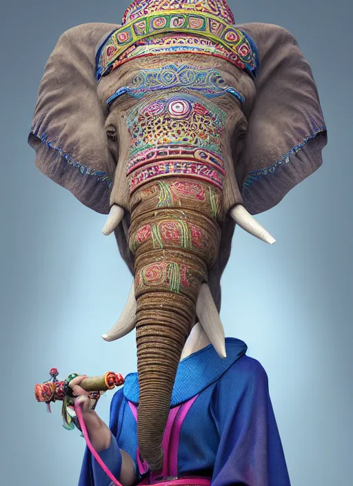 Prompt: an anthropomorphic beautiful goddess female wizard made of elephant portrait holding a staff wearing colourful robe, fine art, award winning, intricate, elegant, sharp focus, octane render, hyperrealistic, cinematic lighting, highly detailed, digital painting, 8 k concept art, art by jamie hewlett and z. w. gu, masterpiece, trending on artstation, 8 k