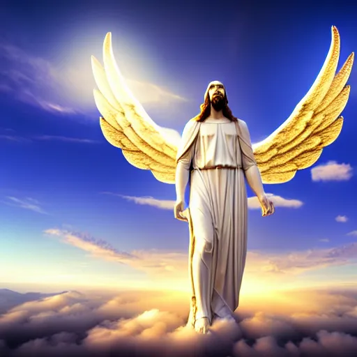 Prompt: gigantic biblical depiction of an angel towering over a vast landscape, cinematic, realistic, geometric white marble body, photorealistic, detailed, gold sky, global illumination, volumetric lighting, god rays, beautiful composition, majestic clouds, soft colors, heavenly lighting