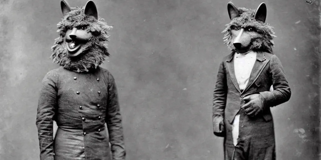 Image similar to anthropomorphic furry wolf in suit of armor, 1900s photograph