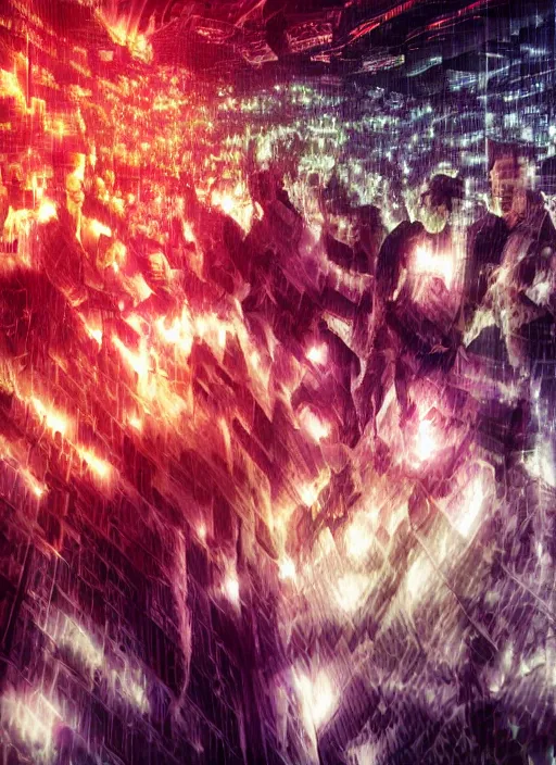 Image similar to cinematic shot epic group happy humans, hyper realistic, mood lighting, fantasy, detailed overlapping matrix of beautiful digital images, floating graphics, supercomputers text to images, beautiful singularities, highly detailed, super realistic, perfect lighting pixel sorting, style sheet