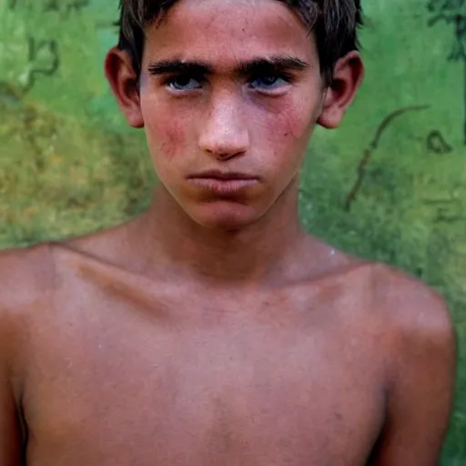 Prompt: a teenage boy, around 1 9 years old with natural brown hair, loincloth and sandals, pale skin. as homeless. detailed face. slums in background. natural colors. hyperrealistic photo.