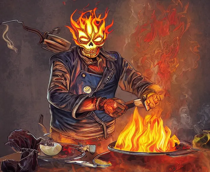 Prompt: chef ghost rider cooking food with his fire, digital art
