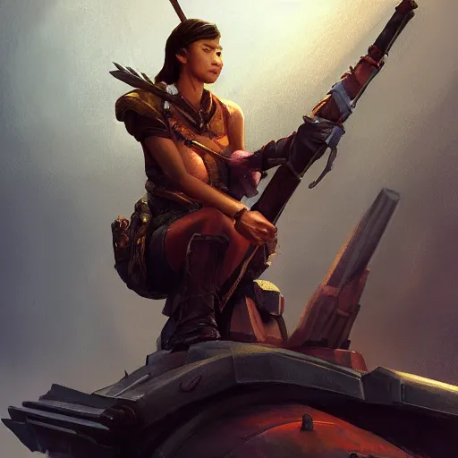 Image similar to side profile of a filipino holding a scepter while sitting on a tank, highly detailed, d & d, fantasy, digital painting, artstation, concept art, sharp, focus, illustration, global illumination, matte, by artgerm and greg rutkowski