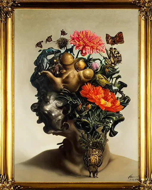 Image similar to refined gorgeous blended oil painting with black background by christian rex van minnen rachel ruysch dali todd schorr chiaroscuro portrait extremely bizarre disturbing mutated man beautiful suit made of still life flowers and rubber insects with shiny skin dutch golden age vanitas intense chiaroscuro cast shadows obscuring features dramatic lighting perfect symmetry perfect composition masterpiece