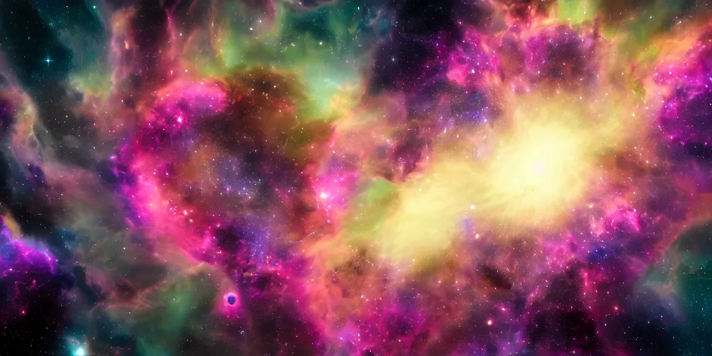 Prompt: magnificent photography of a nebula in deep space landscape, pink and purple chaotic clouds, stars, unreal engine render, nasa, artstation, deviantart, 8 k