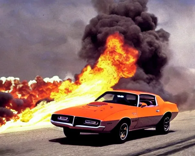 Prompt: Pontiac firebird drivning away from an explotion, 70's movie scen