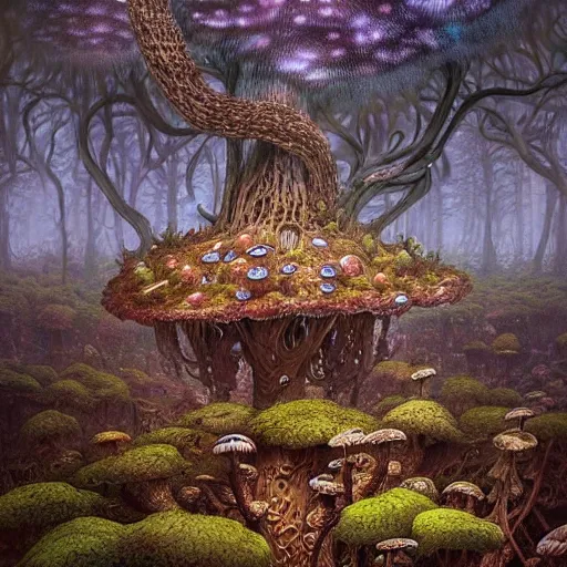 Prompt: a beautiful hyper realistic detailed concept art of a fractal eldritch and creepy mushroom forest with morels at foreground and amanitas and puffballs and psilocybes and spores on several floors by andreas rocha and john howe and dan mumford and albert bierstadt, nausicaa, ultrawide angle, artstation, pinterest