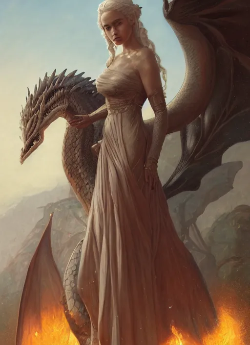 Image similar to a painting of Daenerys Targaryen in fantastic dress next to a dragon, by Jaime Jones,Tom Bagshaw,Lawrence Alma-Tadema,greg rutkowski,deviantart contest winner, fantasy art, daz3d,intricate,elegant,highly detailed,8k,digital painting,concept art, sharp focus, illustration,golden ratio