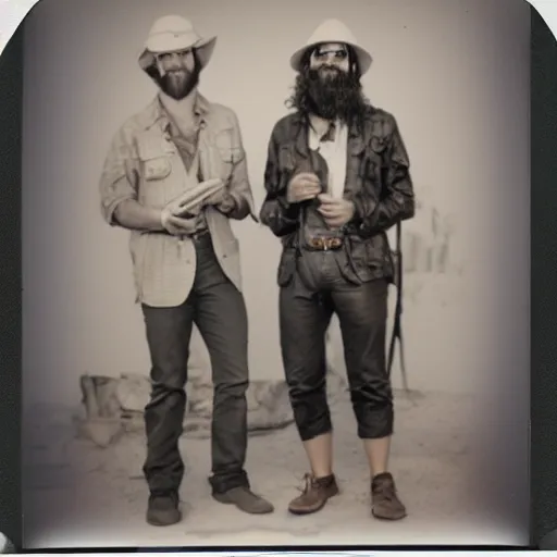 Prompt: photorealistic 8 0's polaroid of an eccentric expeditionary bearded archaeologist with luggage and a rich clean - shaven suave handsome aristocrat standing next to him