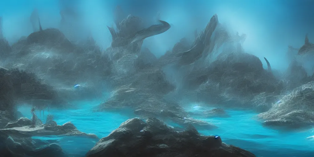 Image similar to civilization underwater created by orcas, submerged city made with coral and rock by killer whales, fantasy scifi illustration